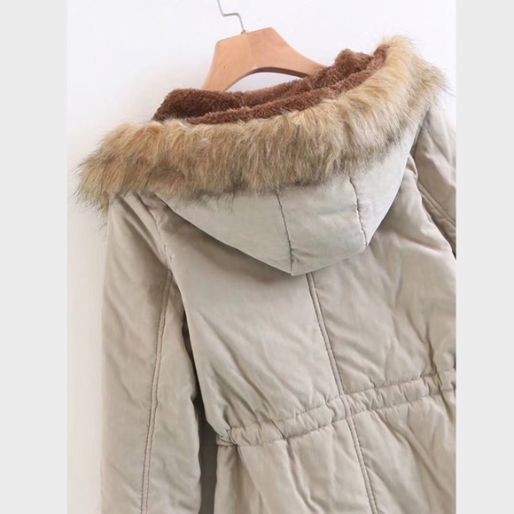 Hooded Faux Fur Drawstring Taupe Parka Jacket - Picture 5 of 11